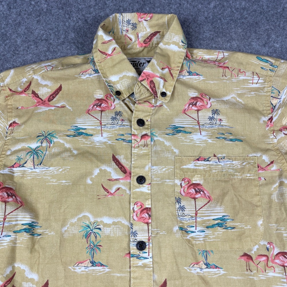 Howler Brothers Mens Mansfield Shirt Yellow Flamingo Tropical Print Small S
